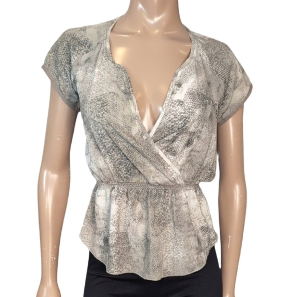 Wilfred Snake Print Wrap Blouse Womens XS Gray Taupe Short Sleeve Snakeskin